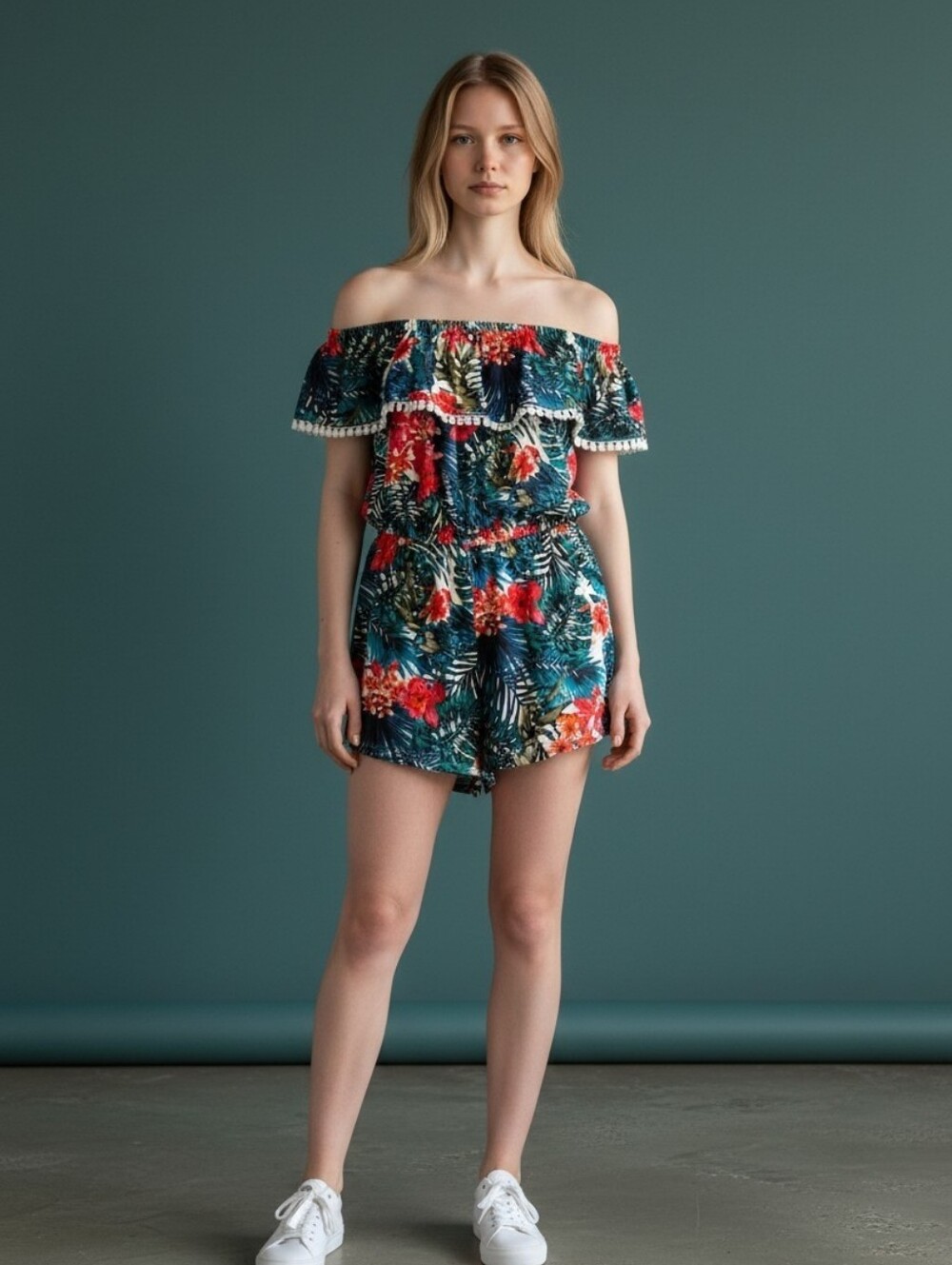 Derek Heart Multicolor Floral Off-Shoulder Ruffle Romper XL Polyester Spandex